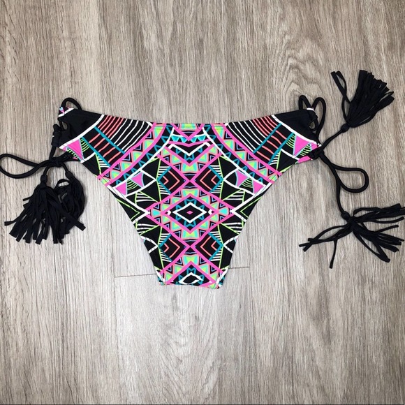 Coco Rave Women's Black Multi All Tied Up Lace Up Cheeky Bikini Swim Bottom sz M - Picture 4 of 4